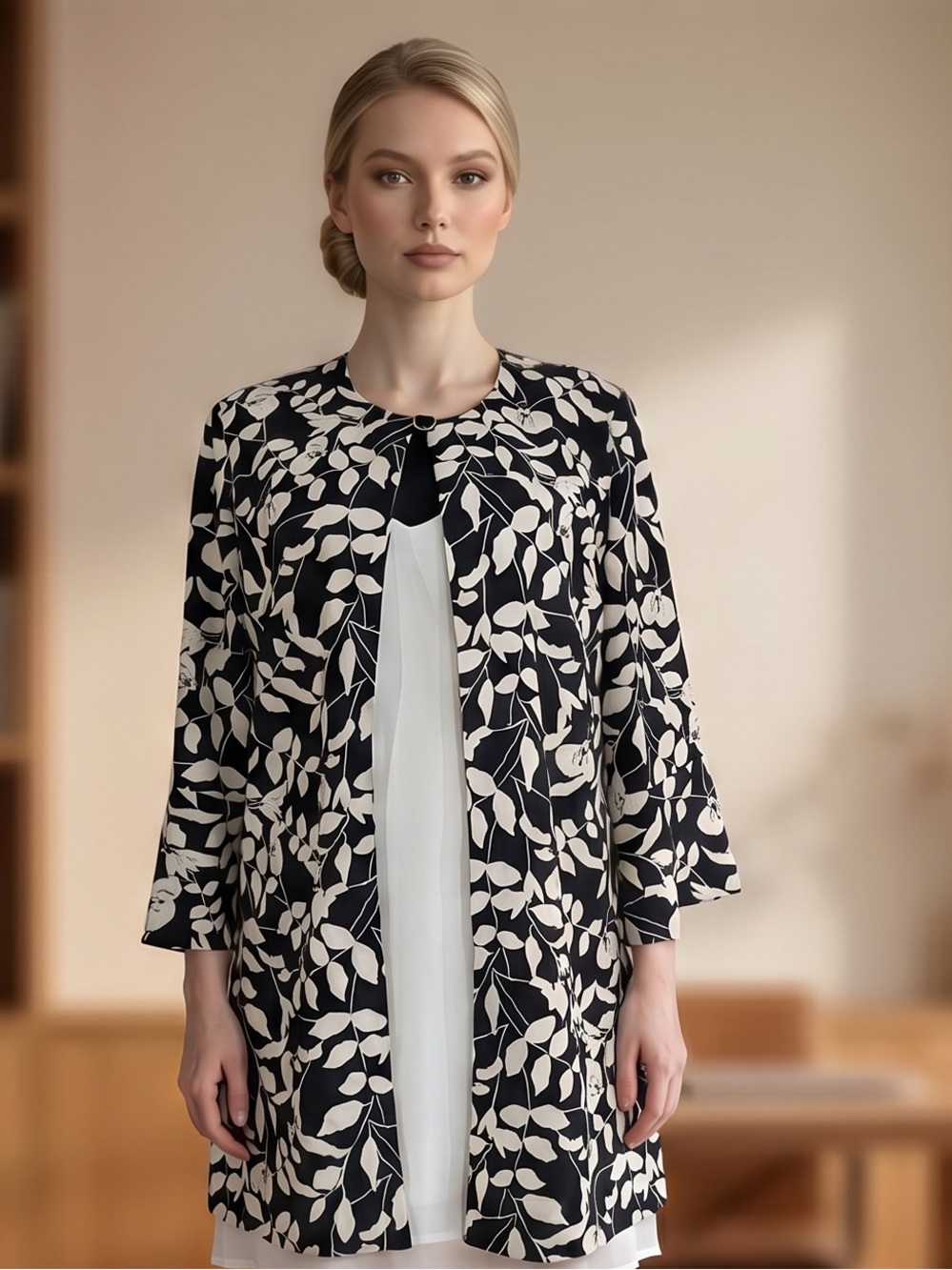 Danny & Nicole Kimono Duster Jacket 3/4 Sleeve Black White Floral Print